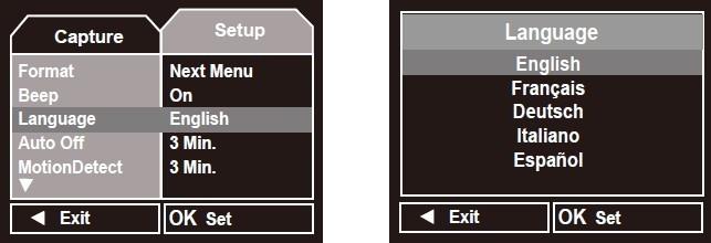 3) Language setting On the setup interface, press the UP or DOWN key to select the 'Language' option.