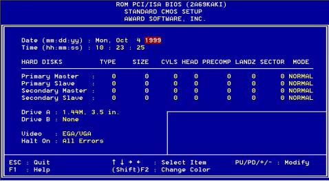 3.1.2 Standard CMOS setup Choose the STANDARD CMOS SETUP option from the INITIAL SETUP SCREEN Menu, and the screen below is displayed.