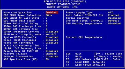 3.1.4 CHIPSET features setup By choosing the CHIPSET FEATURES SETUP option from the INITIAL SETUP SCREEN Menu, the screen below is displayed.