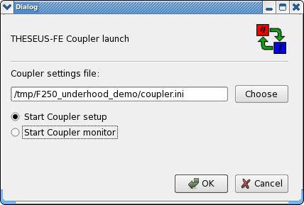 Coupler Launch Dialog Load the standalone THESEUS-FE case into GUI. The Coupler launch dialog will guide the user through all necessary preparation steps: First select option Start Coupler Setup.