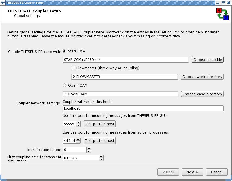 Coupler Setup Dialog Page 1 Page 1 of Coupler Setup Dialog: global configuration Select Star-CCM+ and the.