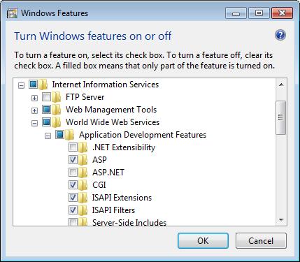 Using Sage 300 Sample Data When selecting Windows features, under World Wide Web Services Application Development Features, select the ASP, CGI, ISAPI Extensions, and ISAPI Filters options, as shown