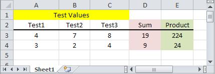 Exercise 2 Create the following spreadsheet in which the values of the Sum and Product columns are calculated by formulas.