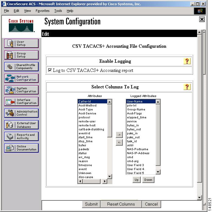 Configuring a TACACS+ Server for Use with the GSS Chapter 4 Figure 4-9 CSV TACACS+ Accounting File Logging Page of Cisco Secure ACS 2. Click the Log to CSV TACACS+ Accounting report check box. 3.