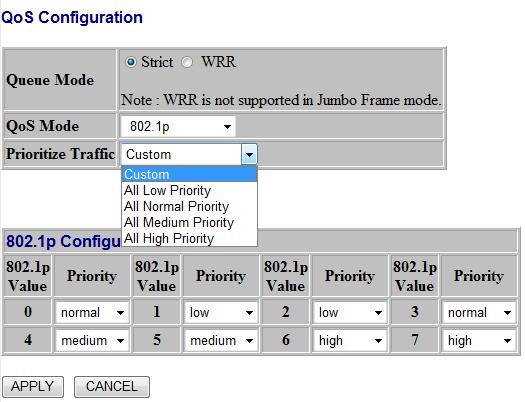 When the QoS Mode is set to 802.1p, the 802.1p Configuration table appears, allowing you to map each of the eight 802.