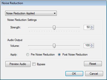 Noise Reduction You can apply noise reduction to any item in the Playlist. To access this feature, click on a playlist item. Next, choose the Tools>Noise Reduction menu item.