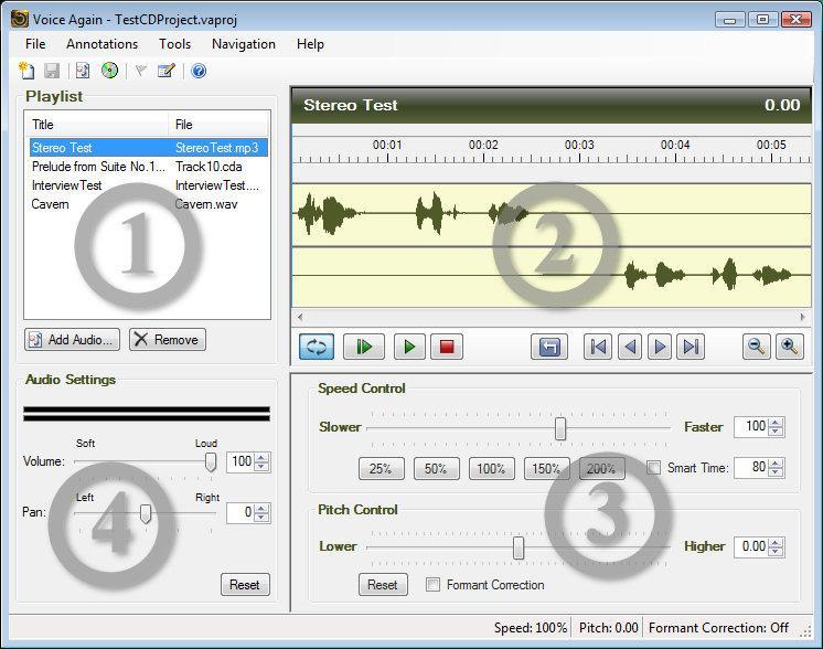 User-Interface Overview The Voice Again user interface consists of four main areas: the Playlist, Track View, Speed and Pitch controls and Audio Settings.