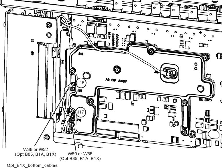 3. Refer to Figure 12. Remove cable W50 connecting A3 Digital IF J17 to A16 Reference Assembly J725. Note cable routing from Digital IF J17 through the opening in the side panel.