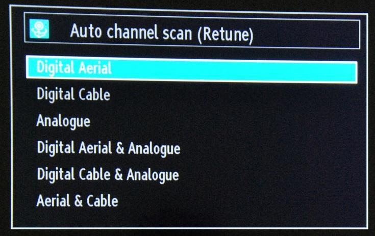 The menu contains options for automatic channel install, manual channel install, network scan, analog fine tune for a better reception of the