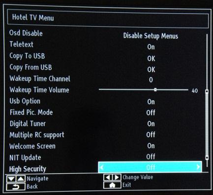 [High Security] If you set this option as ON, the Hotel TV menu will be