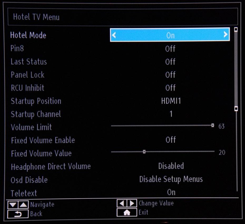 You can start the installation wizard again by reinstalling the TV as explained in chapter 3 of this manual. To be able to modify any settings on the TV you must disable the Hotel TV mode.