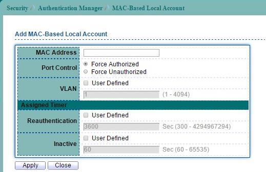 Figure 11-17 MAC-Base Local Account page Click Add button to create a new MAC-Based Local Account entry.