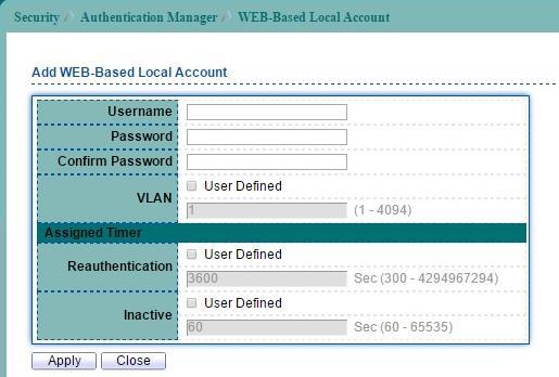 11.5.4 Web-Based Local Account To display Web-Based Local Account web page, click Security > Authentication Manager > Web-Based Local Account.