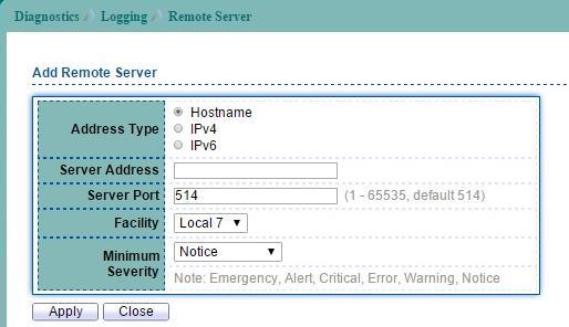Figure 13-3 Add Logging Remote Server page Address Type Server Address Server Ports Facility Minimum Severity IPv4/IPv6 address or hostname of the remote logging server.
