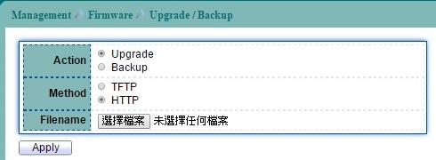 14.2 Firmware 14.2.1 Upgrade/Backup To display Upgrade/Backup Manager web page, click Management > Firmware > Upgrade/Backup.