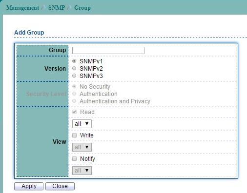 14.4.2 SNMP Group To configure and display the SNMP group settings, click Management > SNMP > Group. Figure 14-10 SNMP Group page Click Add button to create a new SNMP Group entry.