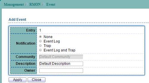 14.5.3 RMON Event To display RMON Event web page, click Management > RMON > Event.