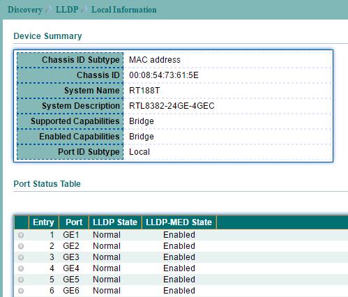 9.5 LLDP Local Information To display LLDP Local Device Information, click Discovery > LLDP > Local Information.