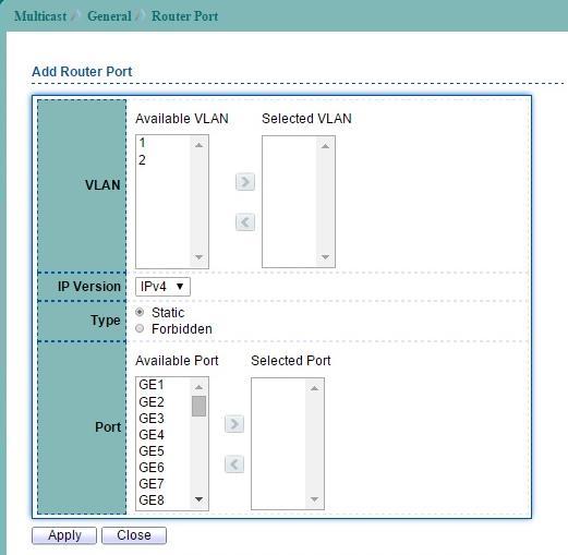 Figure 10-5 Add Multicast Router Port page VLAN IP Version Type Port The VLAN ID for router setting.
