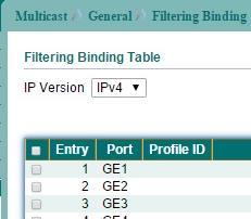 10.1.7 Multicast Filtering Binding To display Multicast Filtering Binding Setting web page, click Multicast > General > Filtering Binding > IGMP Filter Setting.
