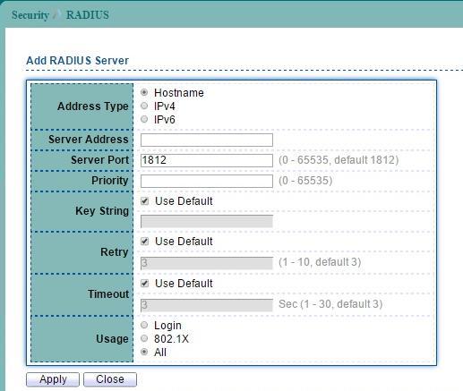 This page allow user to add, edit or delete RADIUS server settings and modify default parameter of RADIUS server.