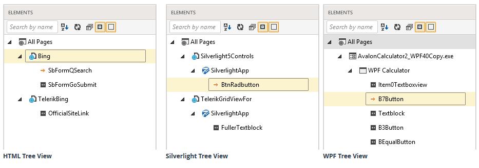 The HTML tree view is organized by Page > Frame > Test Regions > Element. The Silverlight tree view is organized by Page > Frame > SilverlightApp > Element.