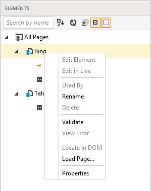 Each Element node has a context menu with these active choices: Edit Element - loads the Find Element menu to choose where and how to locate this element in your web page or application.