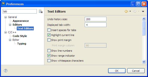 Editor 2.2.7 How can I change the tab width/size? By default, the tab size in the CodeWarrior IDE is 4. To change the default tab size: 1. From the IDE menu bar, select Window > Preferences. 2. Type tab as the filter text to narrow down the list of preferences.