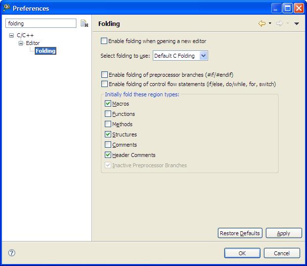 Chapter 2 IDE Figure 2-25. Folding Preference Page 4. Check the Enable folding when opening a new editor checkbox. 5.
