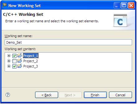 The <selected> Working Set page appears. For example, C/C++ Working Set. Chapter 2 IDE 6. In the Working set name field, enter an appropriate name for the working set. For example, Demo_Set. 7.