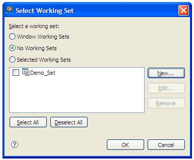 New Working Set Wizard - C/C++ Working Set Page 8. Click Finish to close the New Working Set wizard. 9. The Select Working Set dialog box reappears with the newly created working set. Figure 2-40.