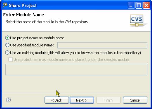 Chapter 2 IDE Figure 2-51. Enter Module Name Page 3. Specify name of the module in the CVS repository and click Next. The Share Project Resources page appears.