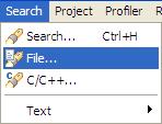 File - Opens the search dialog on the File search page Text - Opens the submenu for full-text search in given scope (workspace, project, file or working set) Selecting the Select menu opens the