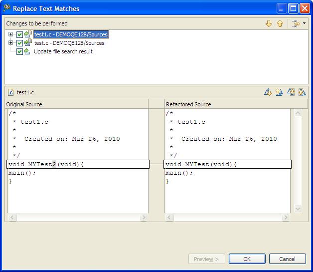 Chapter 2 IDE Figure 2-62. Preview Replace Action 6. Click OK. The Replace Text Matches dialog box is closed.