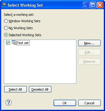 Click Finish. The New Working Set dialog box closes and the newly created working set appears in the Select Working Set dialog box. 6.