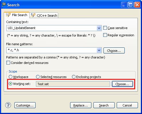 Miscellaneous To search within a Working Set: 1. Select Search > Search from the IDE menu bar. Alternatively, press Ctrl+H. The Search dialog box appears. 2.