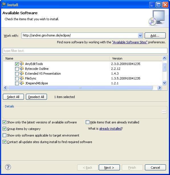 Chapter 2 IDE and Installation 4. Click Next. Figure 2-100. Install Dialog Box - AnyEditTools Plug-in The Install details page appears. 5. Select AnyEditTools from the list. 6. Click Next. 7.