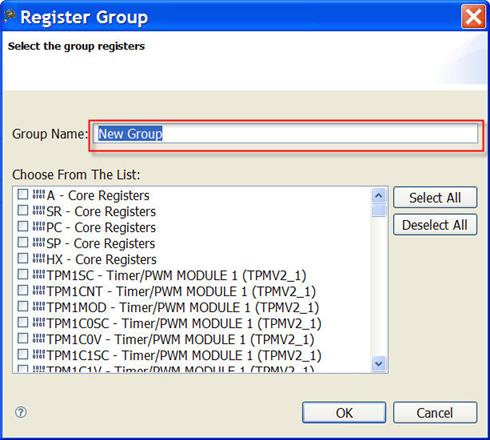 Miscellaneous Figure 7-10. Register Group Window 4. Type the name of new register group in the Group Name textbox. 5. Select the checkbox next to registers that you want to be a part of this group. 6.