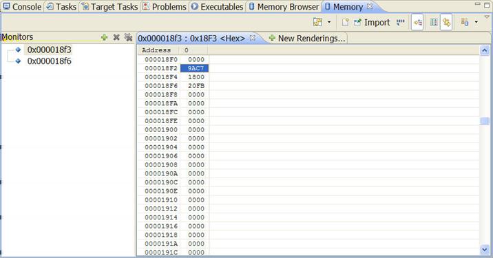 Miscellaneous The memory view changes and displays the addresses using new format, as the following image shows. Figure 7-19. Updated Memory View 7.5.13 Why does the DE.