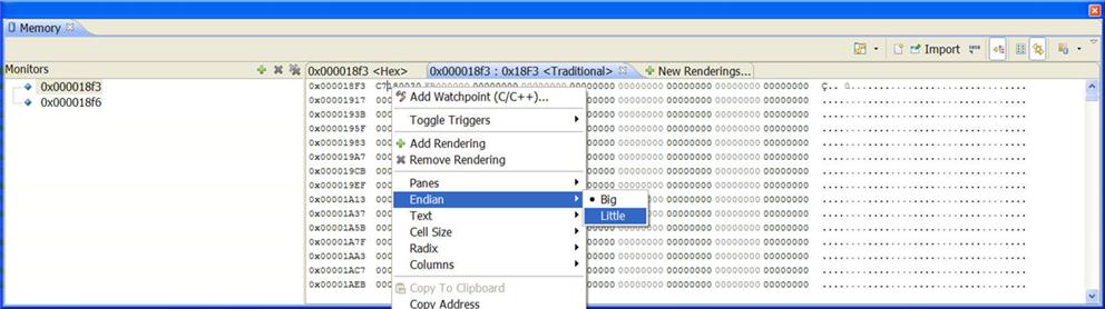 Memory View-Little Endian Addresses NOTE To change the endianness back to Big, right-click anywhere in the Traditional tab, and select Endian > Big from the context