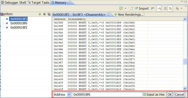 Miscellaneous 1. Right-click anywhere in the Memory view. A context window appears. 2. From context menu, select Reset to Base Address.