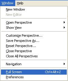 Workbench Window The full screen mode option is now available in your CodeWarrior Eclipse IDE. To use the full screen mode feature: 1. Open the CodeWarrior IDE. 2.