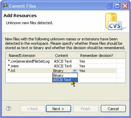 In this example, CVS does not identify three file extensions and assumes them as binary files. However, as *.mem, *.