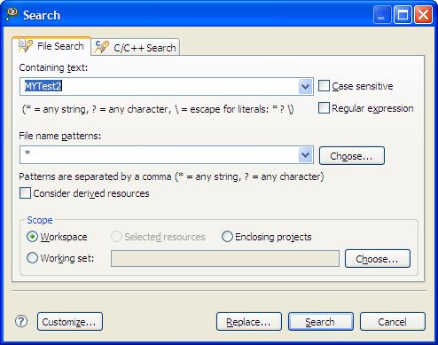 The File Search tab page of the Search dialog box appears (refer to the image, Search Dialog Box as listed