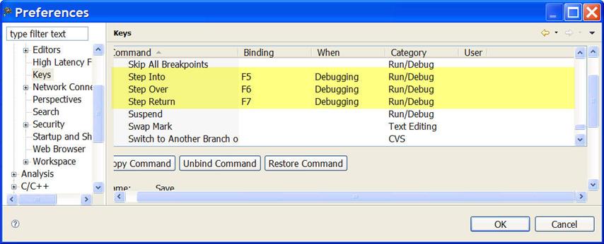 Chapter 2 IDE and Installation Figure 2-90. Preferences Dialog Box-Debugger Keys By default, these key bindings are set to F5, F6 and F7 respectively.