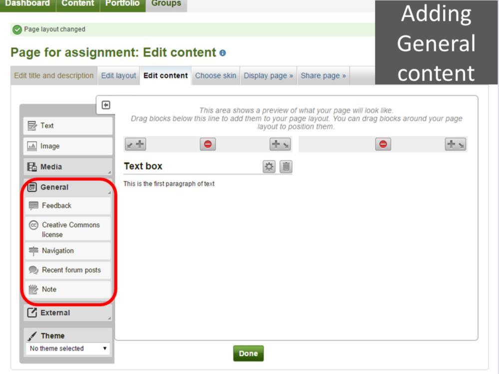 If you click on the General selection, you can insert a Feedback block, in which feedback from viewers will be displayed; a Creative Commons licence, which outlines the conditions under