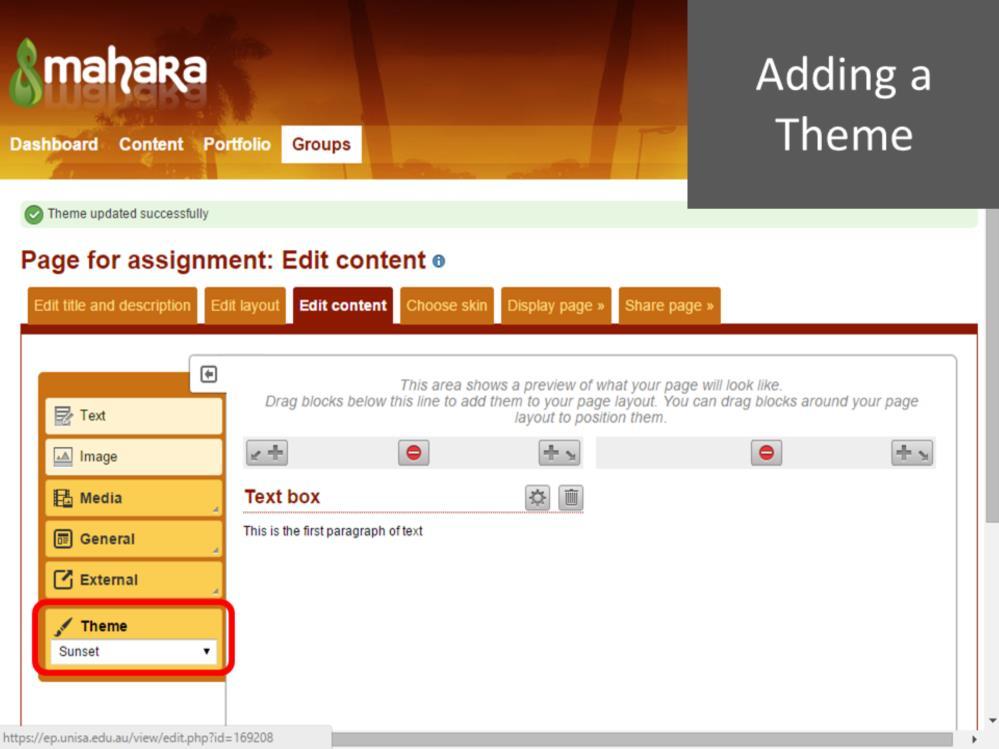 The last menu item under the list of content types is called Theme. From here, you can see a list of colour themes which you can apply to your eportfolio page.