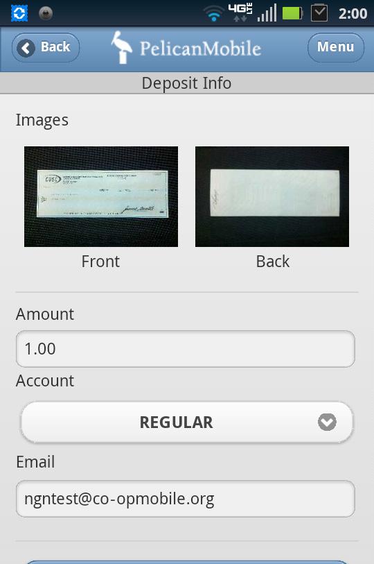 Remote Deposit With PelicanMobile In PelicanMobile, navigate to the Deposit tab and select Start New Deposit. The Check Deposit screen will display.