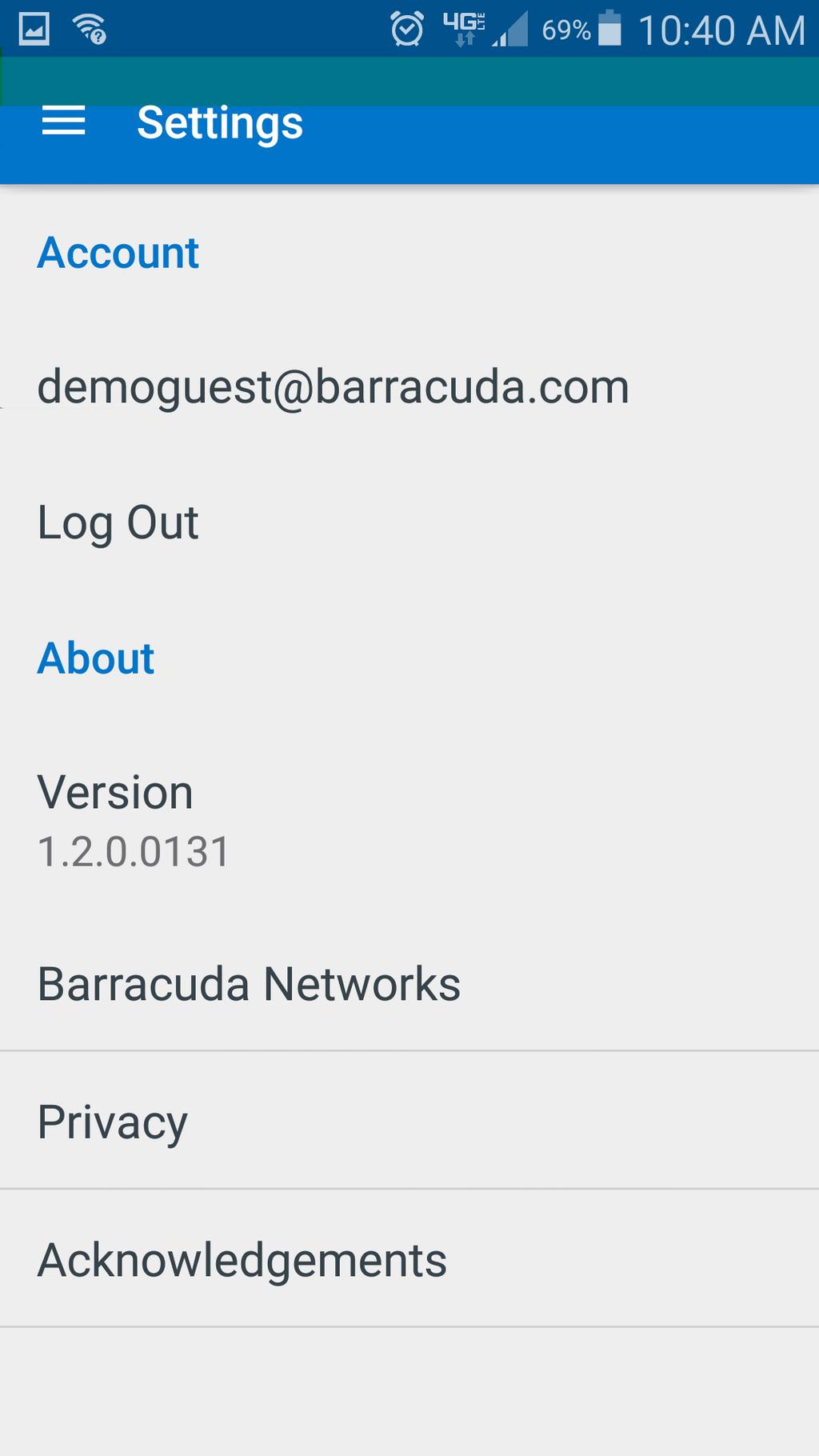 Log Out Barracuda Cloud Control account email address Log Out link to log out of the app Barracuda Networks Android Mobile App version Access to Barracuda Cloud Control version and connection details