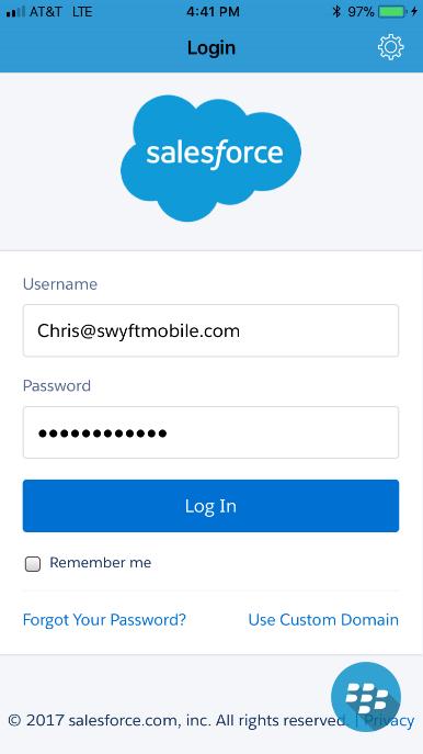 1. Enter your Saleforce Username and Password, and then tap Log In to access Salesforce. 2.